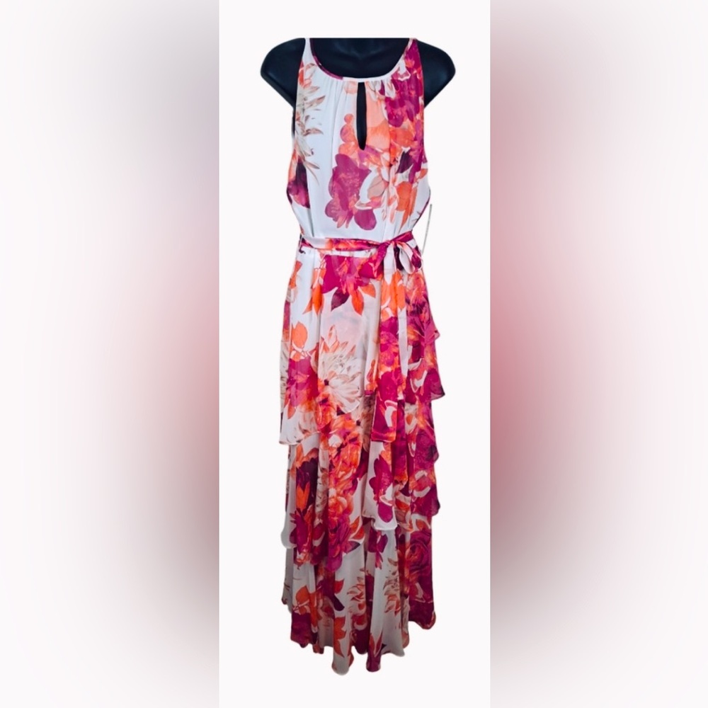 Tahari Arthur S. Levine floral belted lined maxi